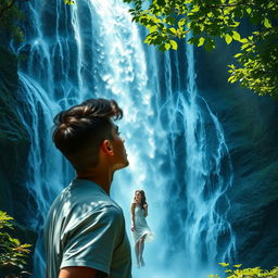 A captivating Wattpad cover featuring a young man gazing in awe at a magnificent waterfall