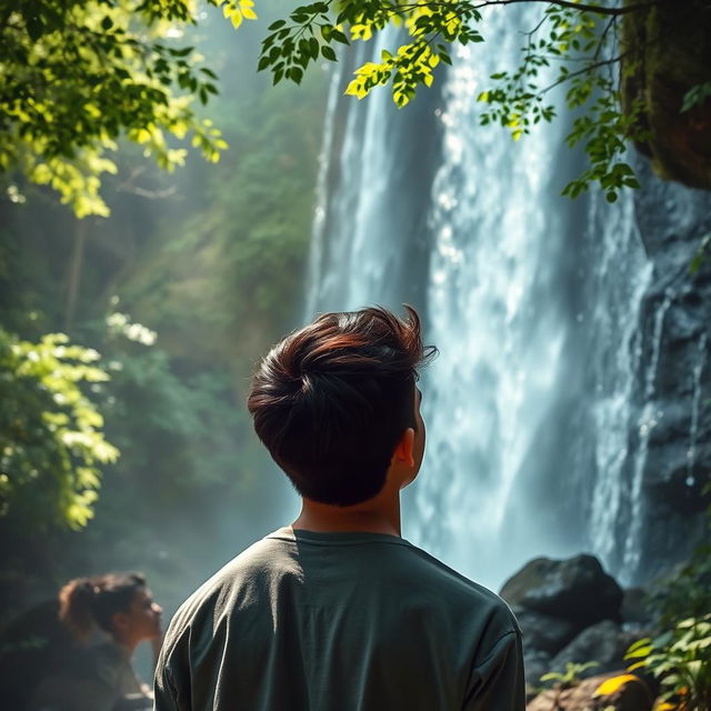 A captivating Wattpad cover featuring a young man gazing in awe at a magnificent waterfall