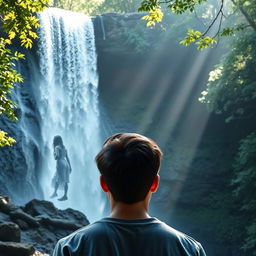 A captivating Wattpad cover featuring a young man gazing in awe at a magnificent waterfall