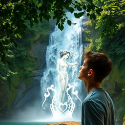 A captivating Wattpad cover featuring a young man gazing in awe at a magnificent waterfall