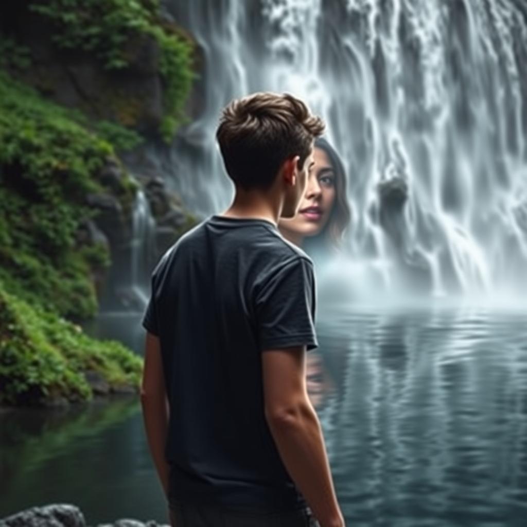 A Wattpad cover featuring a young man standing with his back towards the viewer, gazing at a majestic waterfall