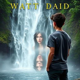 A Wattpad cover featuring a young man standing with his back towards the viewer, gazing at a majestic waterfall