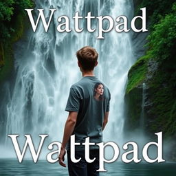 A Wattpad cover featuring a young man standing with his back towards the viewer, gazing at a majestic waterfall