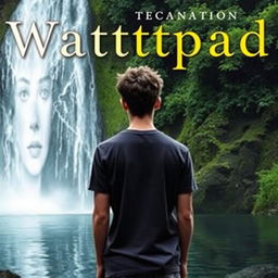 A Wattpad cover featuring a young man standing with his back towards the viewer, gazing at a majestic waterfall