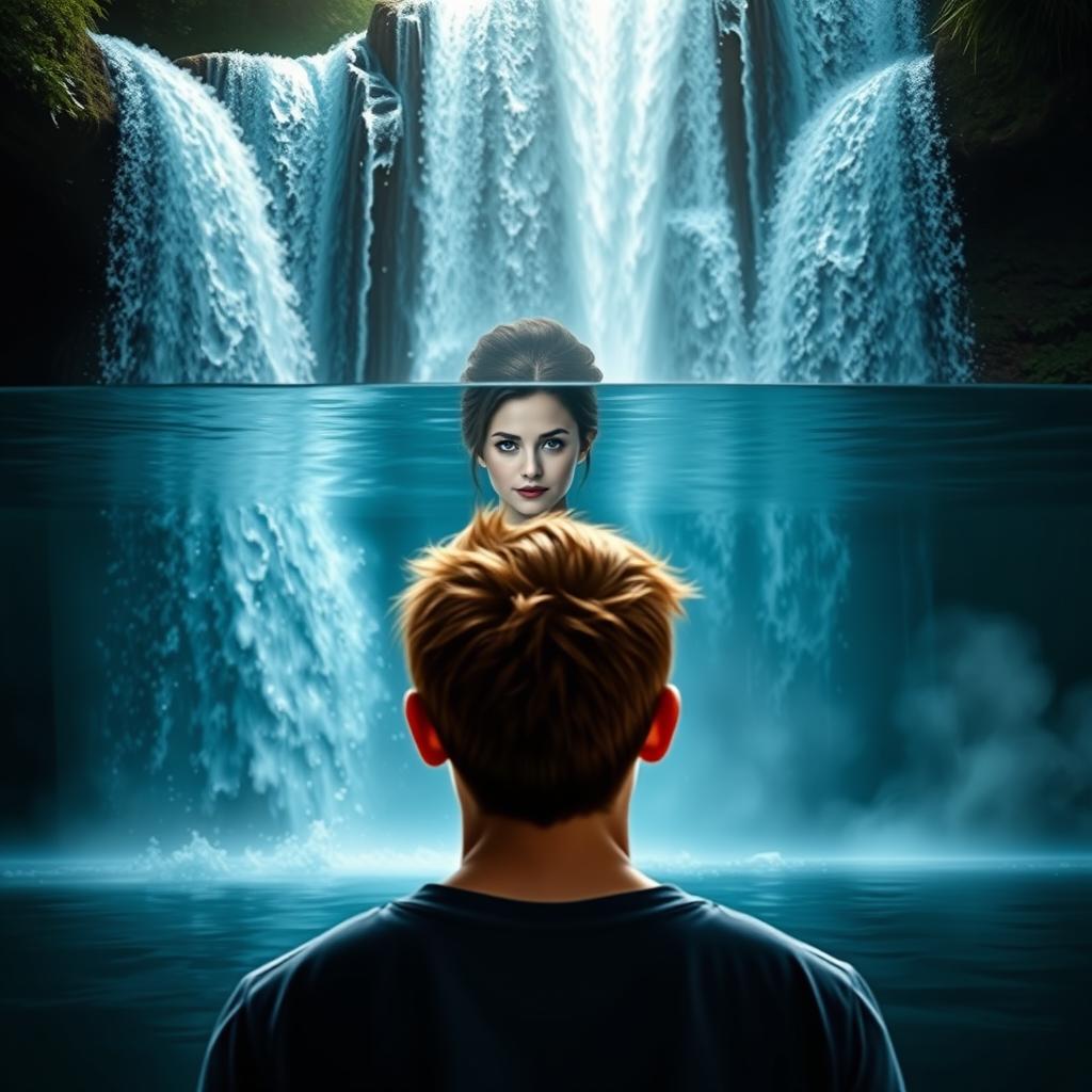 A stunning cover for a story featuring a young man gazing in awe at a majestic waterfall