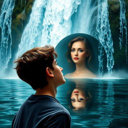A stunning cover for a story featuring a young man gazing in awe at a majestic waterfall
