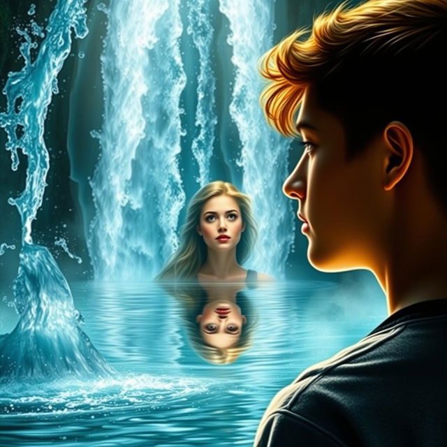 A stunning cover for a story featuring a young man gazing in awe at a majestic waterfall