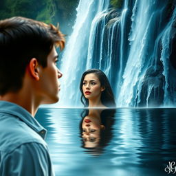 A stunning cover for a story featuring a young man gazing in awe at a majestic waterfall