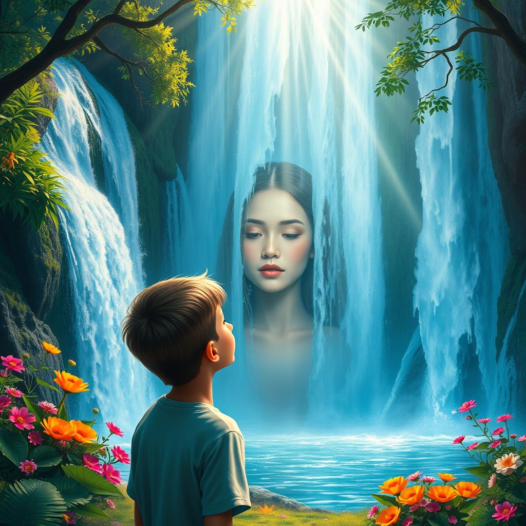 A captivating cover for a story depicting a young boy staring in wonder at a magnificent waterfall