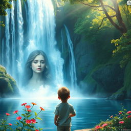 A captivating cover for a story depicting a young boy staring in wonder at a magnificent waterfall