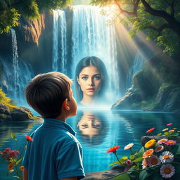 A captivating cover for a story depicting a young boy staring in wonder at a magnificent waterfall