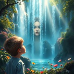 A captivating cover for a story depicting a young boy staring in wonder at a magnificent waterfall