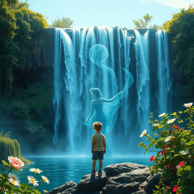 An enchanting cover for a story featuring a boy standing at the edge of a vibrant, cascading waterfall