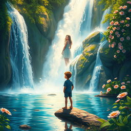 An enchanting cover for a story featuring a boy standing at the edge of a vibrant, cascading waterfall