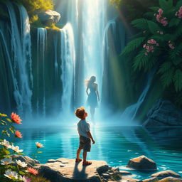 An enchanting cover for a story featuring a boy standing at the edge of a vibrant, cascading waterfall