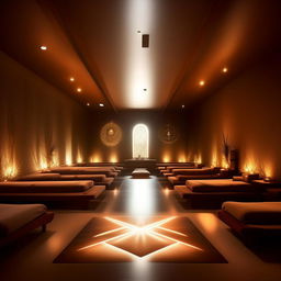 A serene and peaceful setting with a spiritual ambiance. It is filled with soft ambient lighting, spiritual symbols, and an all-encompassing peaceful aura.