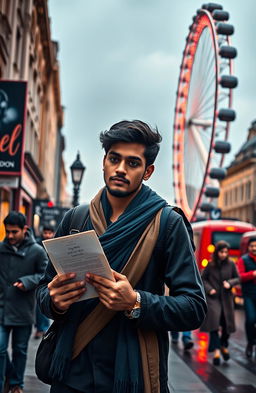 A young Indian man stands at the bustling streets of London, looking lost and heartbroken