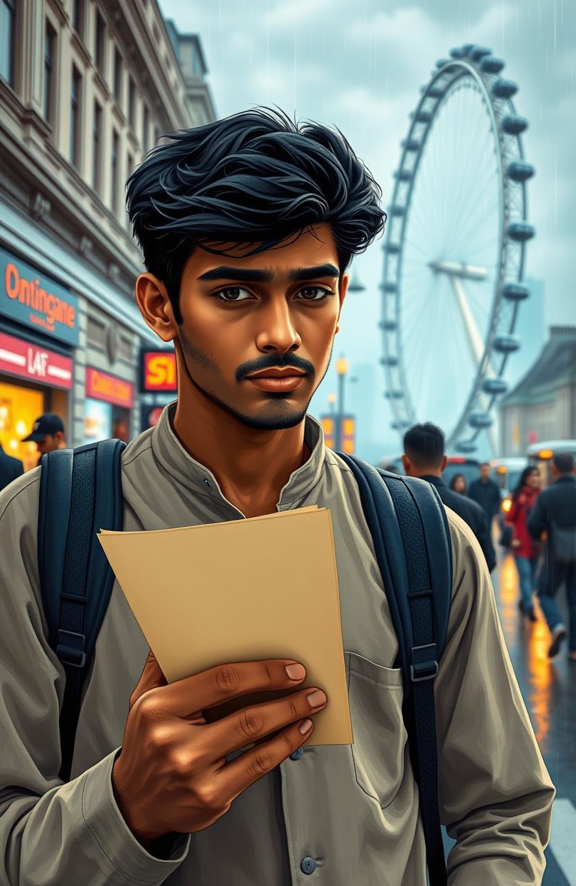 A young Indian man stands at the bustling streets of London, looking lost and heartbroken