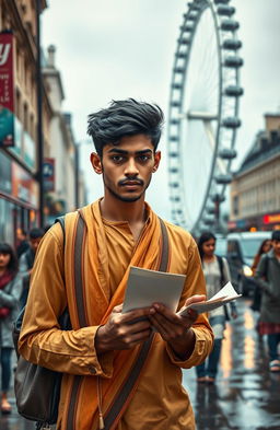 A young Indian man stands at the bustling streets of London, looking lost and heartbroken