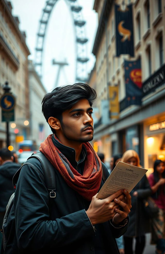 A young Indian man stands at the bustling streets of London, looking lost and heartbroken