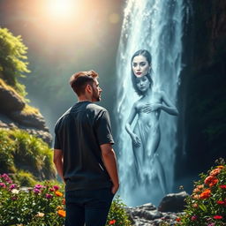 A striking cover for a story showcasing an adult man standing thoughtfully at the base of a breathtaking waterfall