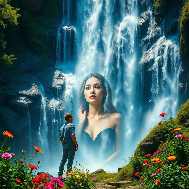 A striking cover for a story showcasing an adult man standing thoughtfully at the base of a breathtaking waterfall