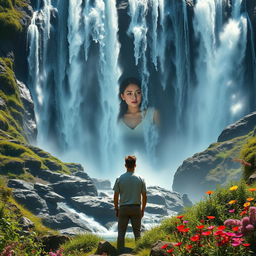A striking cover for a story showcasing an adult man standing thoughtfully at the base of a breathtaking waterfall