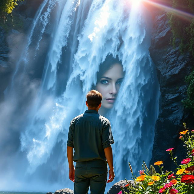 A mesmerizing cover for a story featuring an adult man standing at the foot of a stunning waterfall, gazing contemplatively at the cascading waters