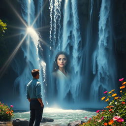 A mesmerizing cover for a story featuring an adult man standing at the foot of a stunning waterfall, gazing contemplatively at the cascading waters