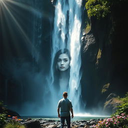 A mesmerizing cover for a story featuring an adult man standing at the foot of a stunning waterfall, gazing contemplatively at the cascading waters