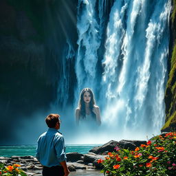 A mesmerizing cover for a story featuring an adult man standing at the foot of a stunning waterfall, gazing contemplatively at the cascading waters