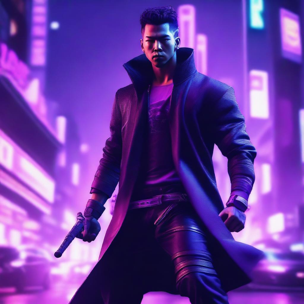 Craft a hyper-realistic, 4K image of a cool, handsome man in cyberpunk attire, fiercely fighting like a samurai