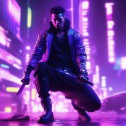 Craft a hyper-realistic, 4K image of a cool, handsome man in cyberpunk attire, fiercely fighting like a samurai