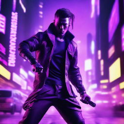 Craft a hyper-realistic, 4K image of a cool, handsome man in cyberpunk attire, fiercely fighting like a samurai