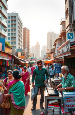 A vibrant and dynamic scene representing entrepreneurship in Bangladesh, showcasing a busy street filled with small businesses and colorful markets