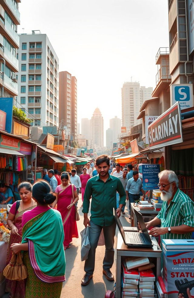 A vibrant and dynamic scene representing entrepreneurship in Bangladesh, showcasing a busy street filled with small businesses and colorful markets