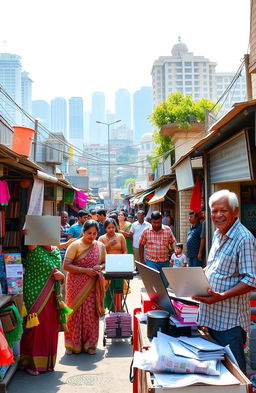 A vibrant and dynamic scene representing entrepreneurship in Bangladesh, showcasing a busy street filled with small businesses and colorful markets
