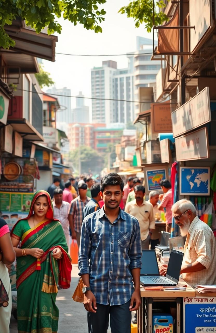 A vibrant and dynamic scene representing entrepreneurship in Bangladesh, showcasing a busy street filled with small businesses and colorful markets