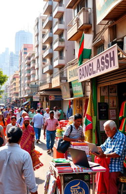 A vibrant and dynamic scene representing entrepreneurship in Bangladesh, showcasing a busy street filled with small businesses and colorful markets