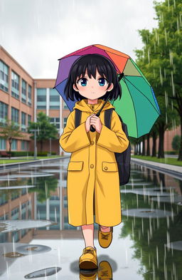 A black-haired girl walking to school in the rain, wearing a bright yellow raincoat and carrying a colorful umbrella