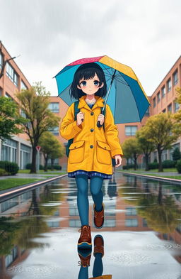 A black-haired girl walking to school in the rain, wearing a bright yellow raincoat and carrying a colorful umbrella