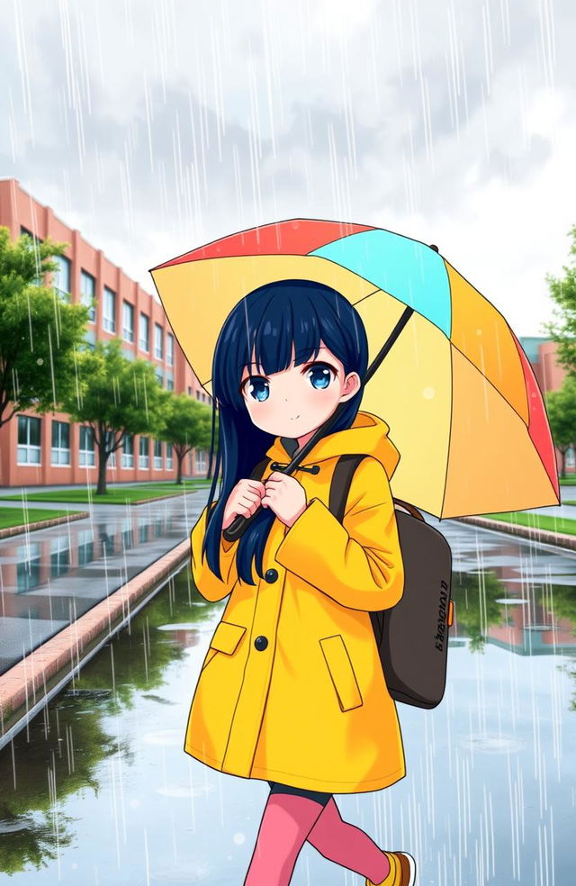 A black-haired girl walking to school in the rain, wearing a bright yellow raincoat and carrying a colorful umbrella