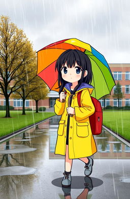 A black-haired girl walking to school in the rain, wearing a bright yellow raincoat and carrying a colorful umbrella