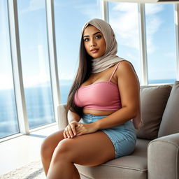 A beautiful 21-year-old Latina woman with long straight dark brown hair and light brown eyes
