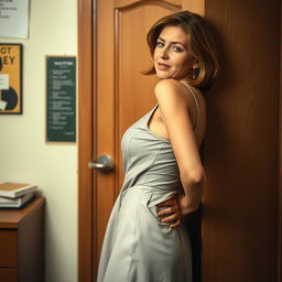 A 45-year-old woman in a school office, depicted as a submissive figure wearing a sexy teacher dress