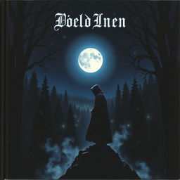 A dark-themed cover featuring an enigmatic landscape at night, illuminated by a full moon that casts eerie shadows across a dense forest