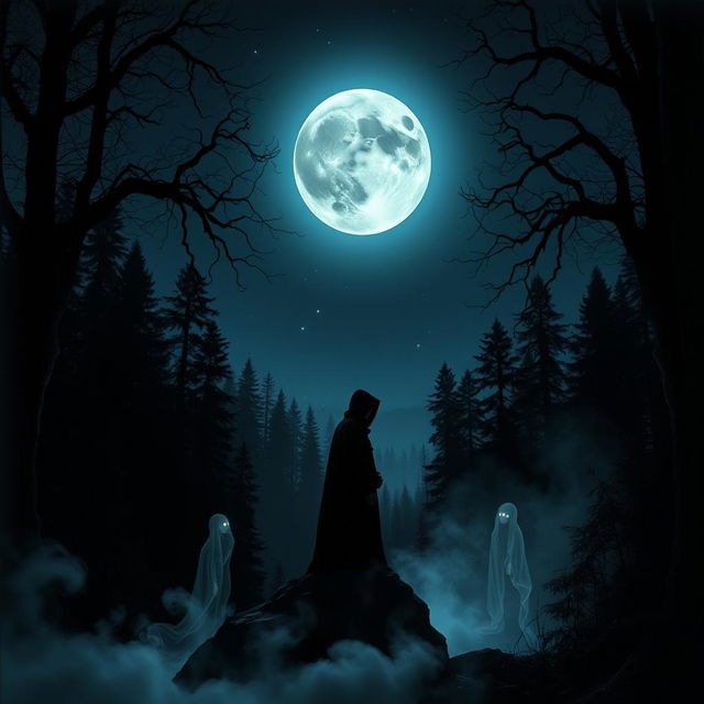 A dark-themed cover featuring an enigmatic landscape at night, illuminated by a full moon that casts eerie shadows across a dense forest