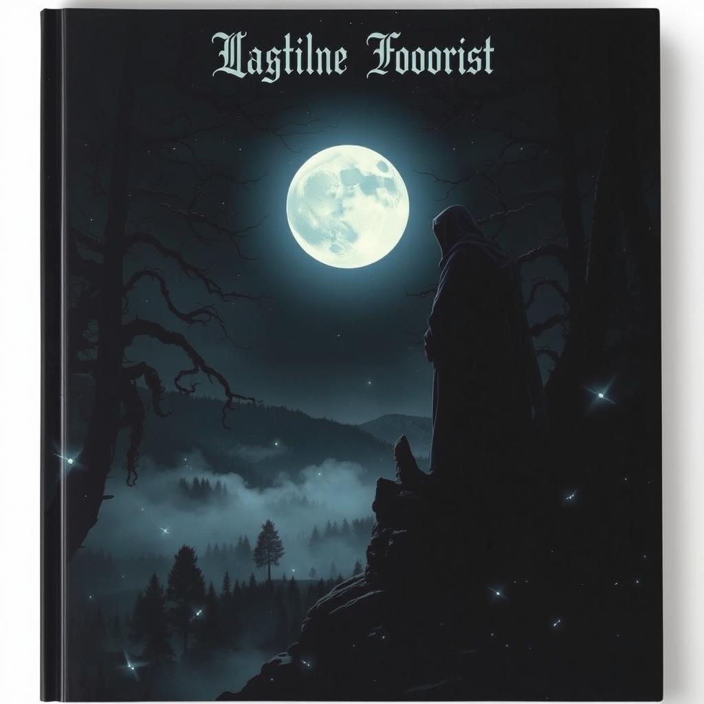 A dark-themed cover featuring an enigmatic landscape at night, illuminated by a full moon that casts eerie shadows across a dense forest