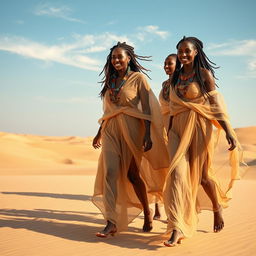A group of African women walking gracefully across the Sudanese desert, dressed in semi-transparent traditional attire that flows in the wind, capturing the essence of their culture