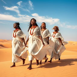A group of African women walking gracefully across the Sudanese desert, dressed in semi-transparent traditional attire that flows in the wind, capturing the essence of their culture